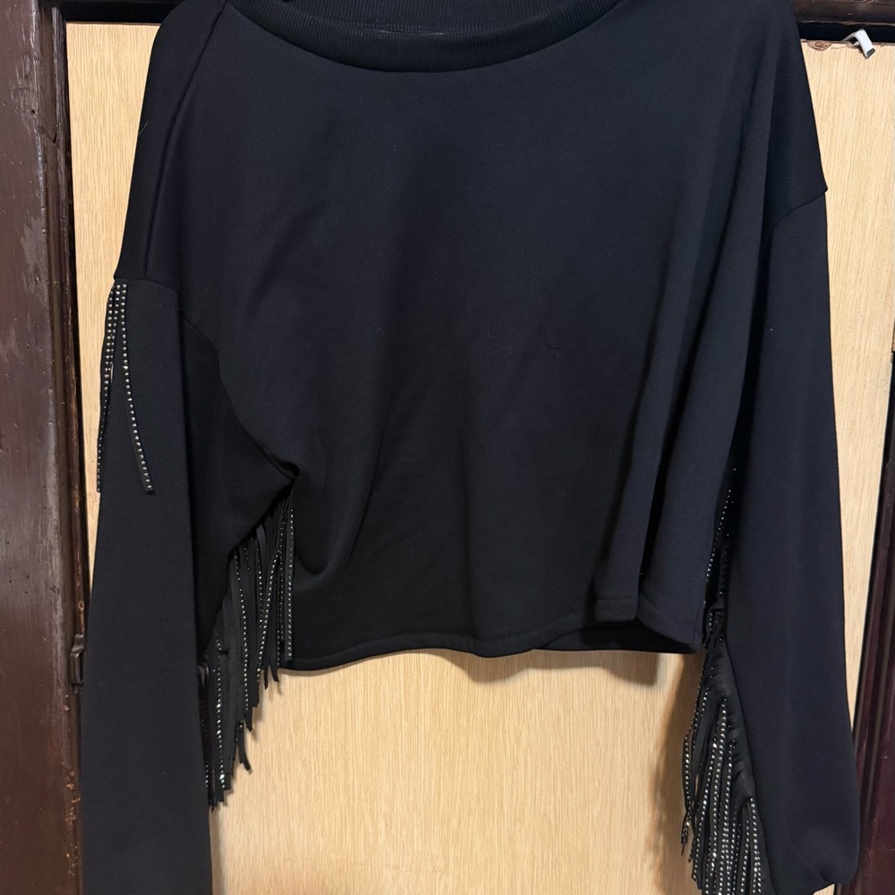Gracia Black Long Sleeve Rhinestone Fringe Top
